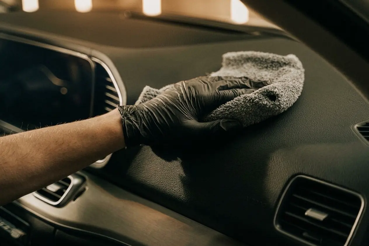 Car dashboard and centre console cleaned with interior detailer and detailing brush
