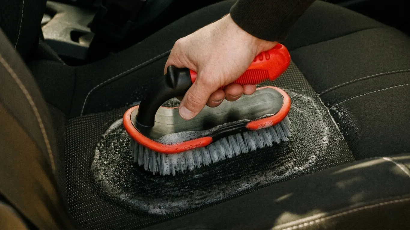 Fabric car seat cleaning with upholstery shampoo and stiff brush — stain removal technique