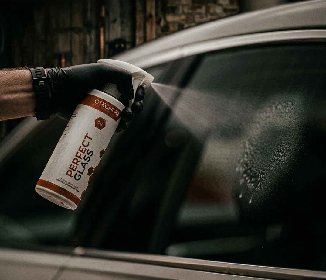 Hydrophobic glass coating applied to windscreen — water beading on treated car glass