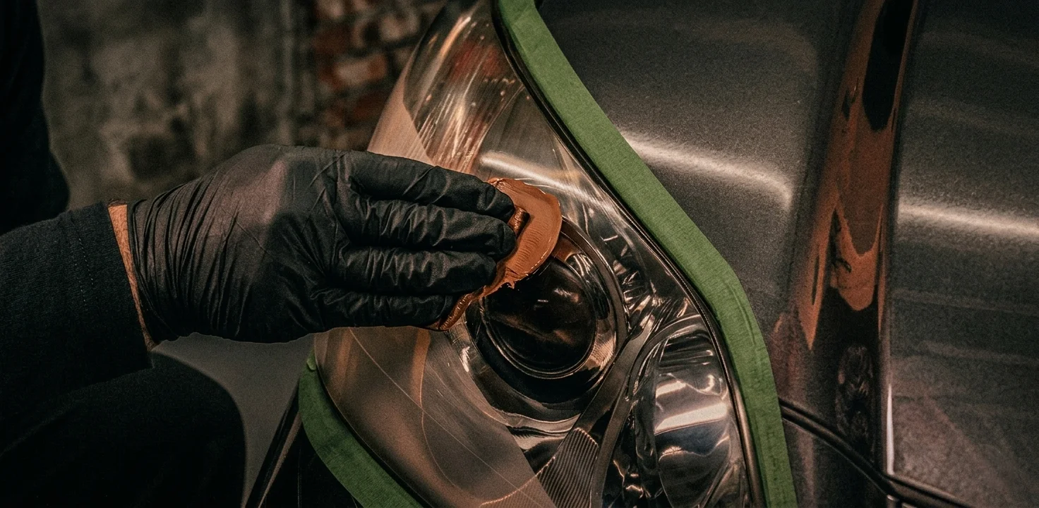 Car headlight restoration — yellowed polycarbonate lens restored to clear after compound and UV sealant