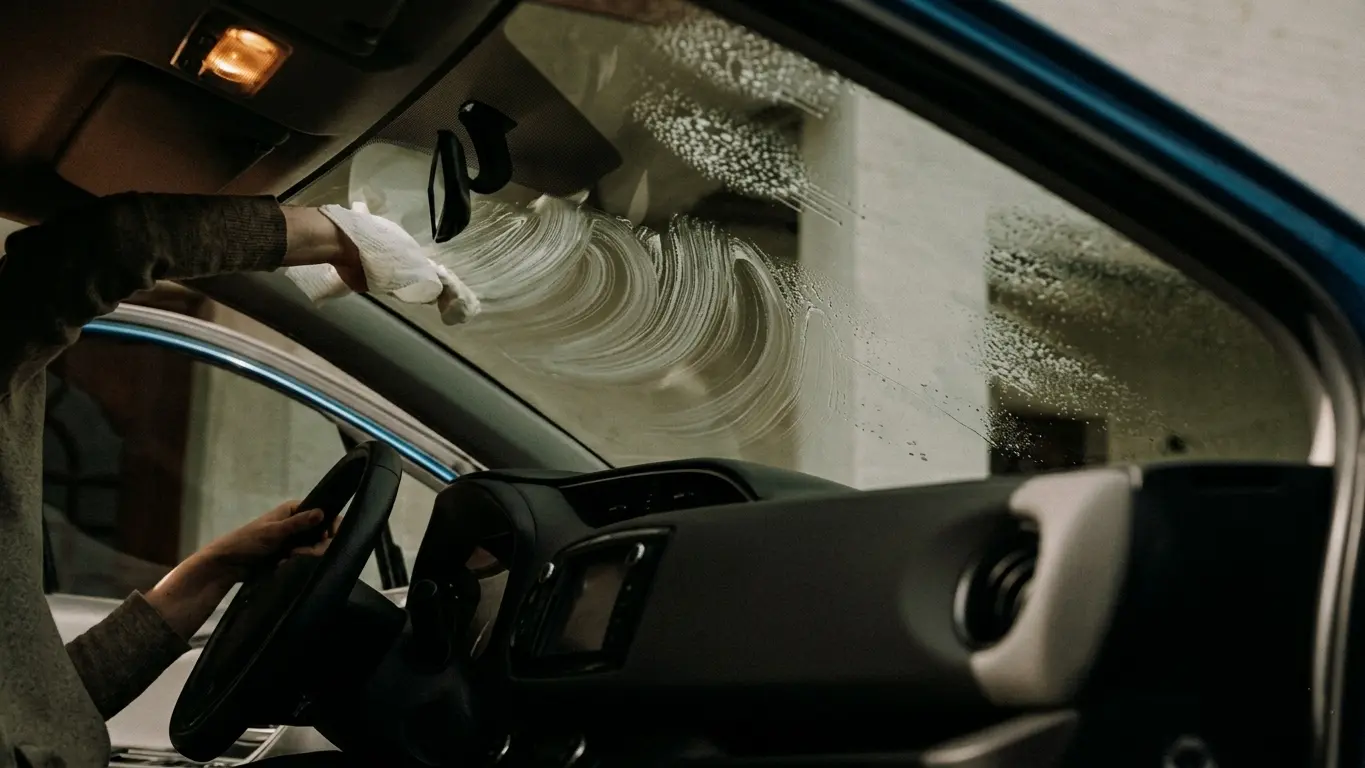 Car interior glass cleaned streak-free with ammonia-free cleaner and microfibre cloth