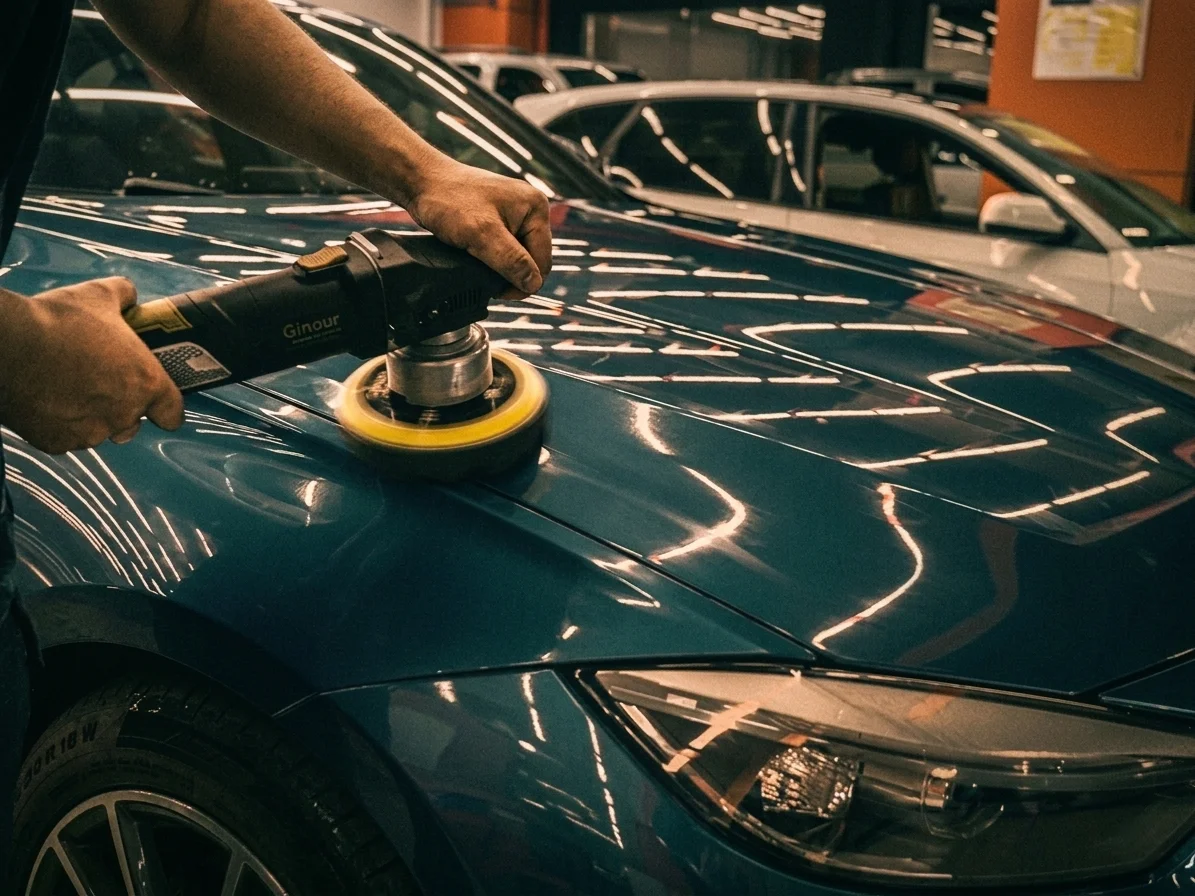 Dual-action machine polisher removing swirl marks during paint correction