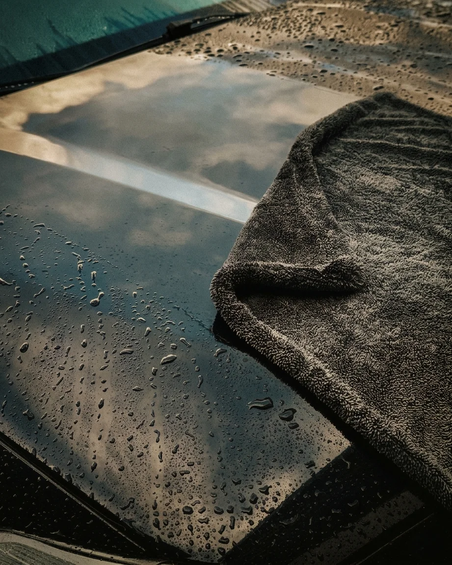 Safe car drying with microfibre towel in straight lines to avoid paint swirls