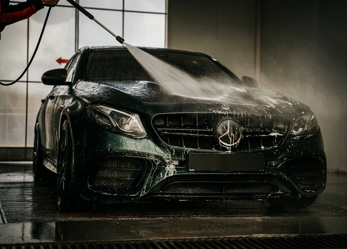 Snow foam pre-rinse covering car exterior before contact wash — car detailing guide