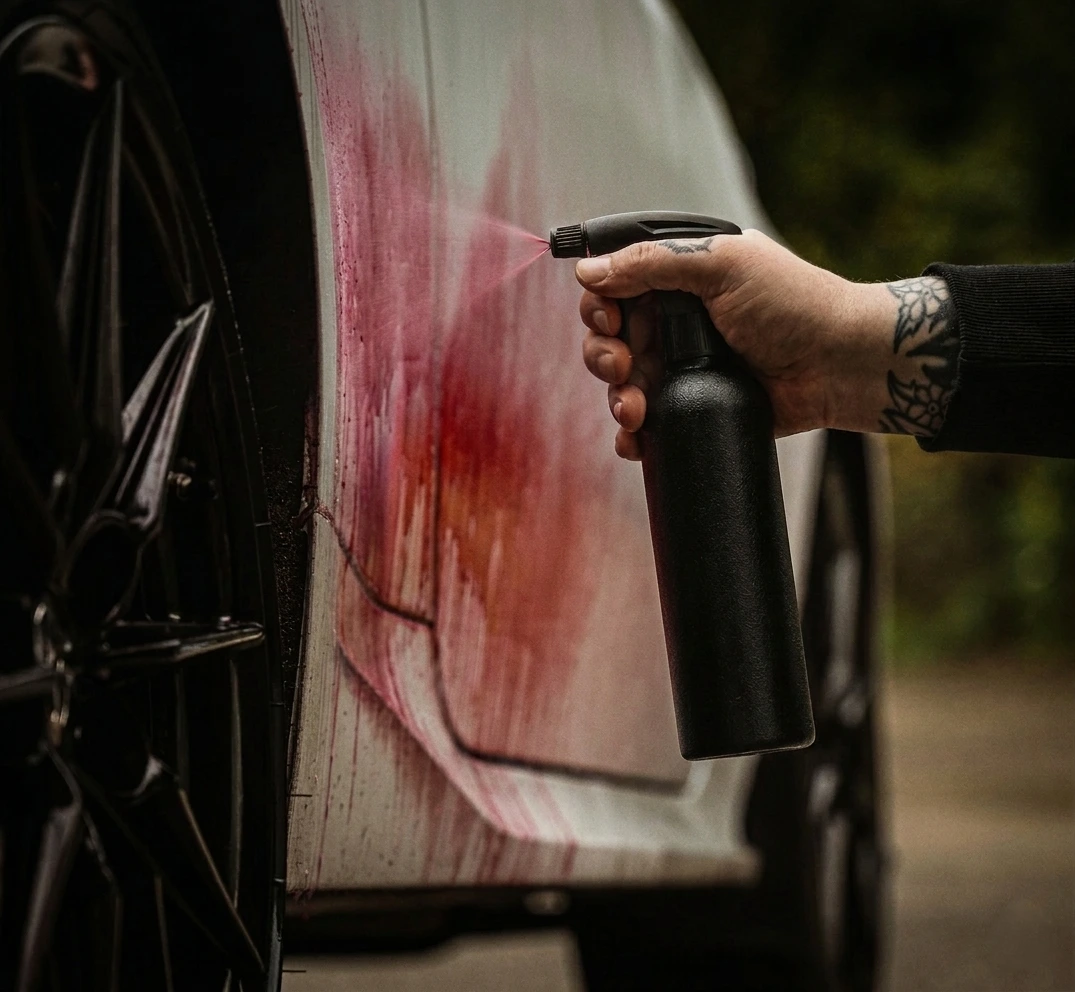 Iron fallout remover reacting purple on car paint — tar and iron decontamination step