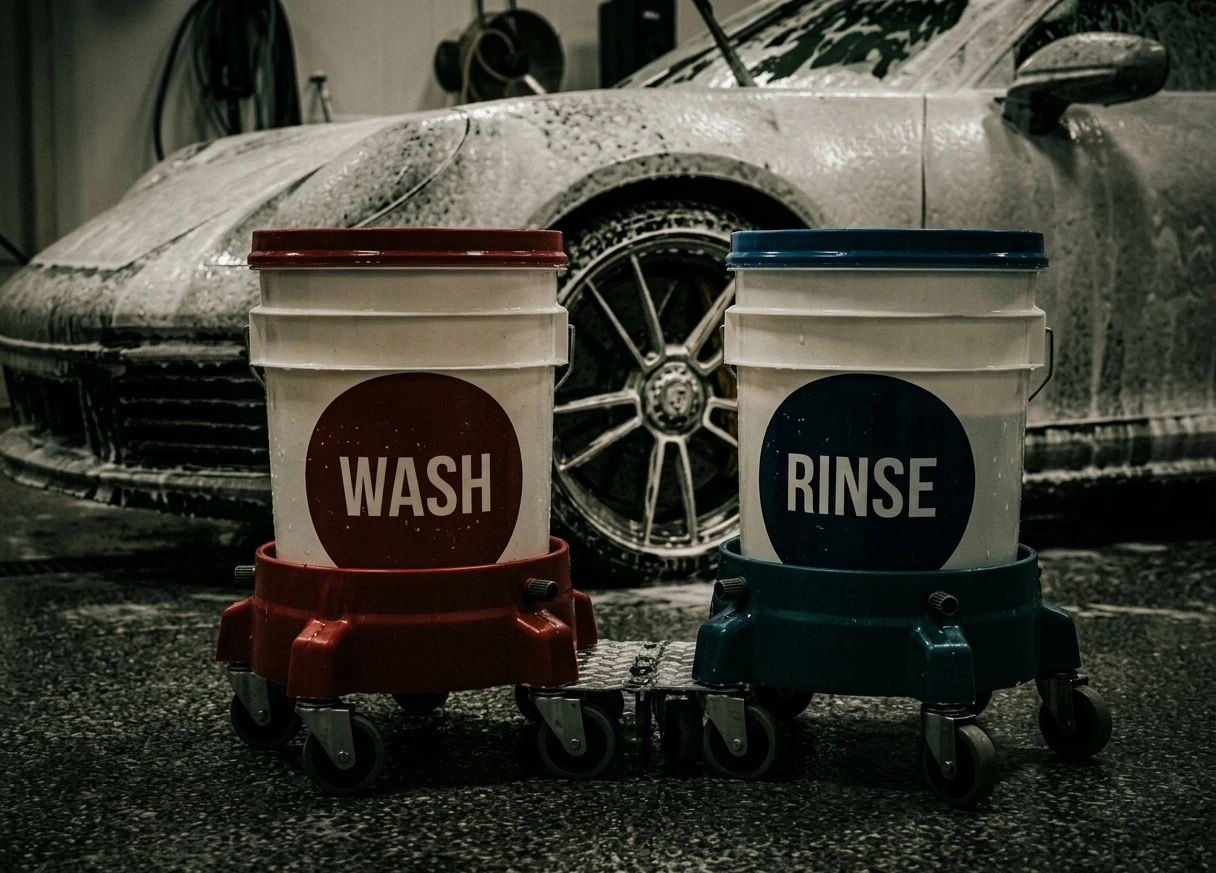 Two-bucket car wash method with grit guards to prevent paint swirl marks