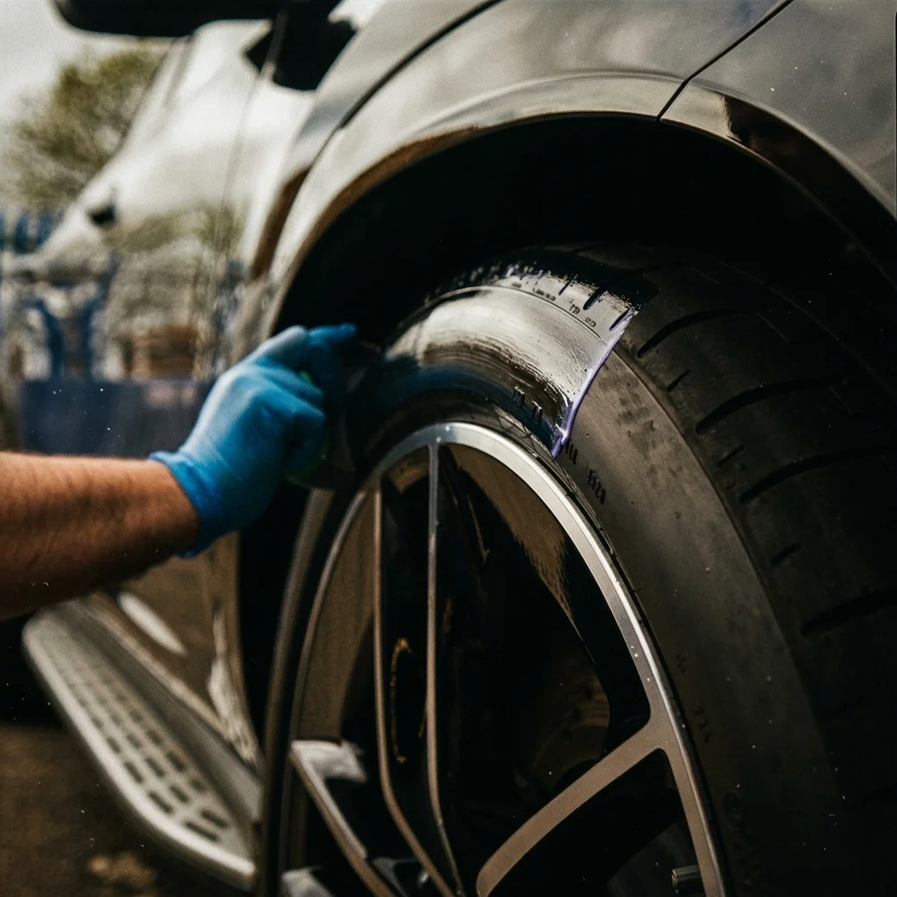 Tyre dressing applied with foam applicator and plastic trim restorer on car exterior