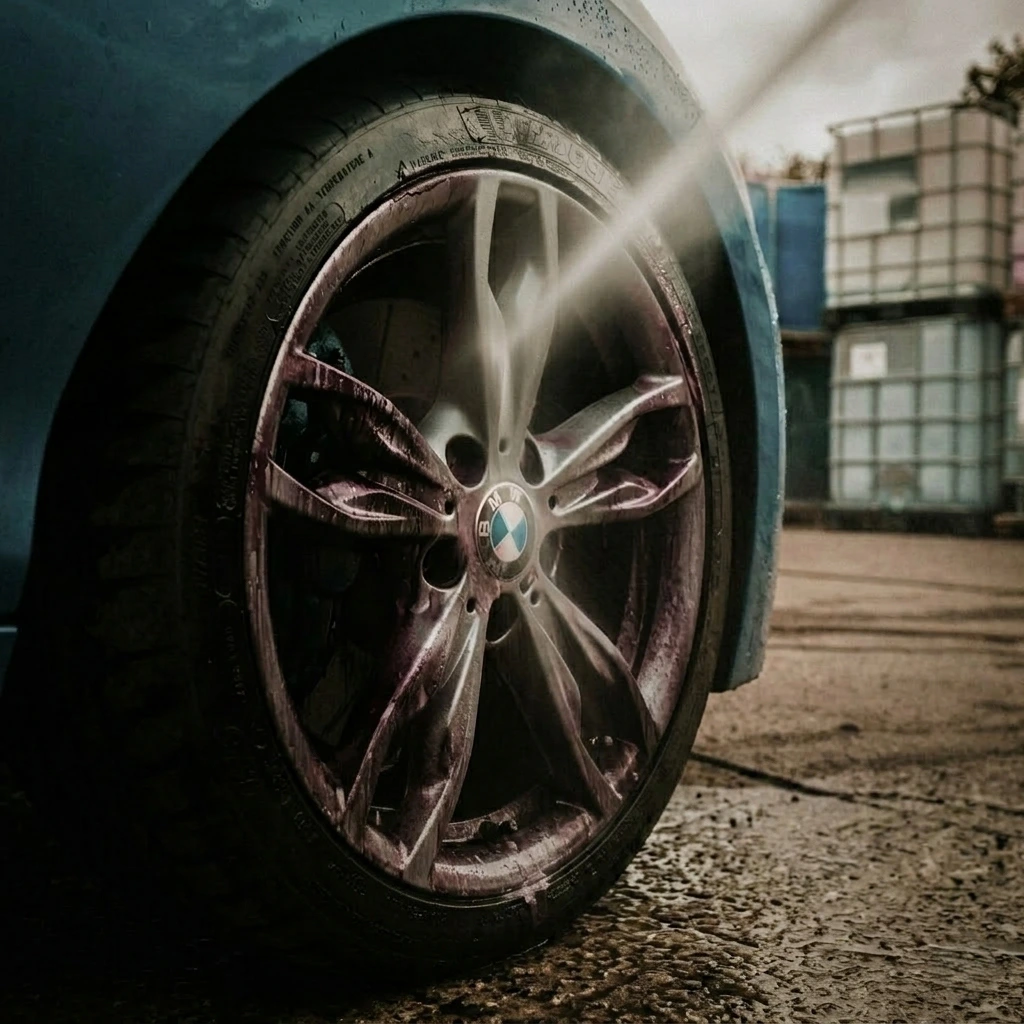 Car detailing wheel cleaning with pH-balanced wheel cleaner and barrel brush