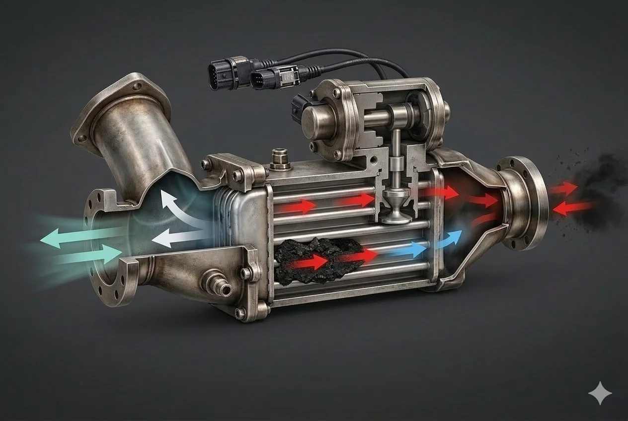 EGR cooler and valve cutaway showing exhaust gas recirculation flow for diesel EGR delete guide