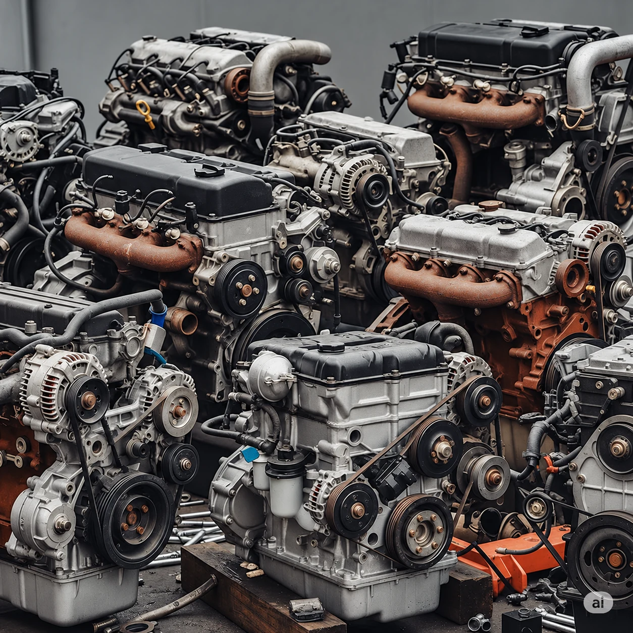 Illustration of several detached engines with visible pulleys, belts and exhaust manifolds