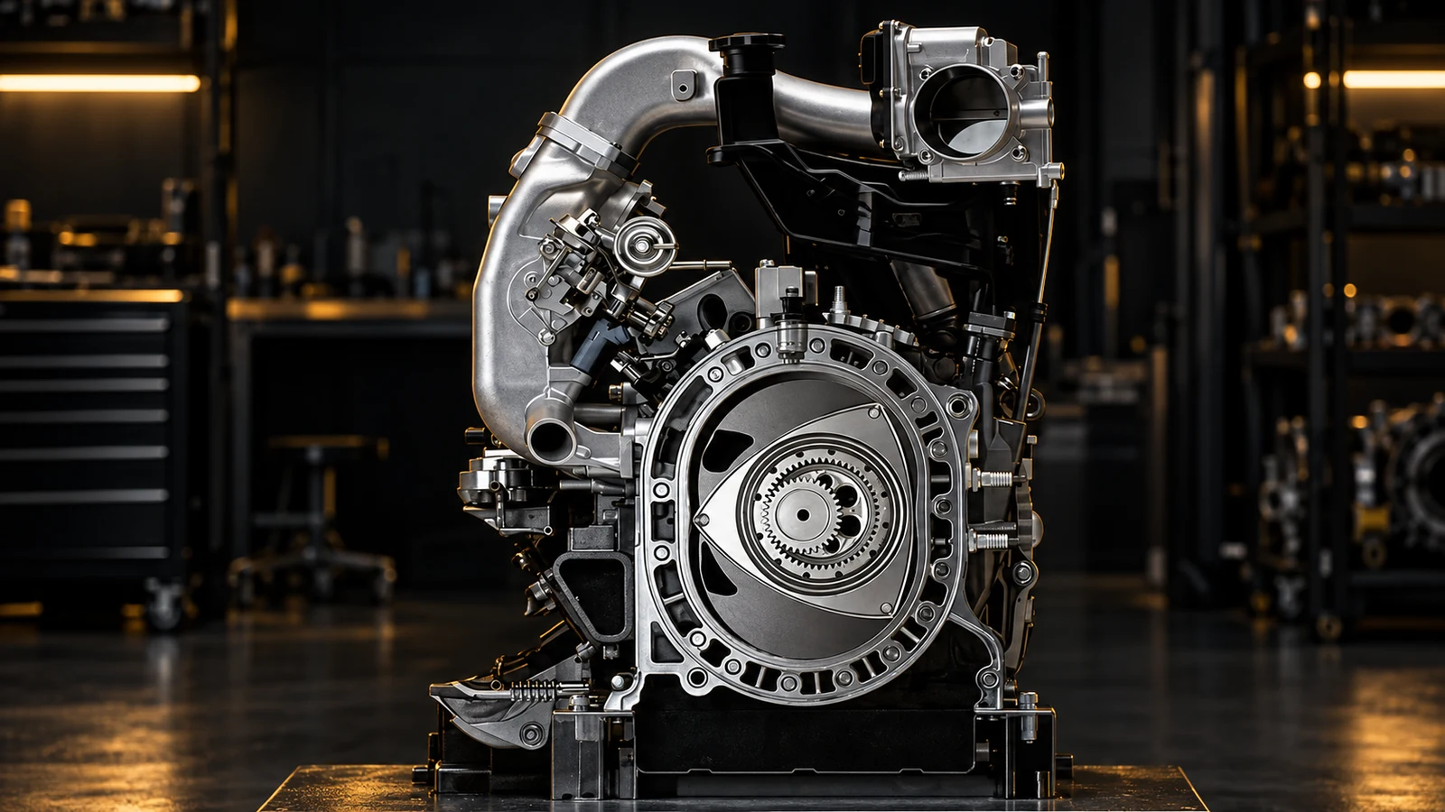 Rotary engine displayed with its triangular rotor and eccentric shaft visible in a dark workshop.