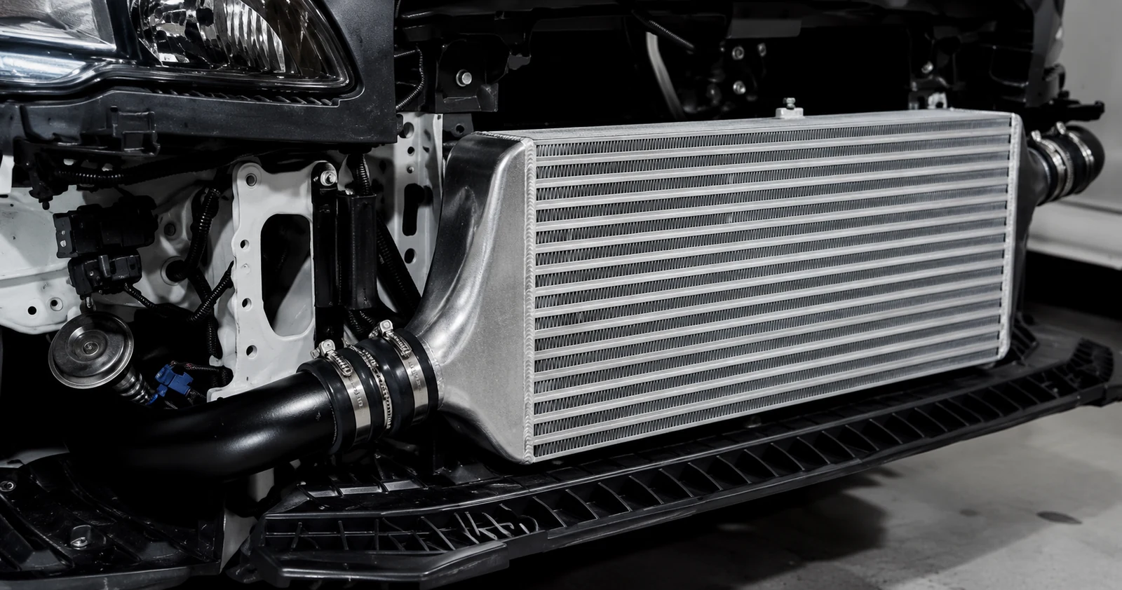 Front-mounted intercooler and connected pipework with the front bumper removed