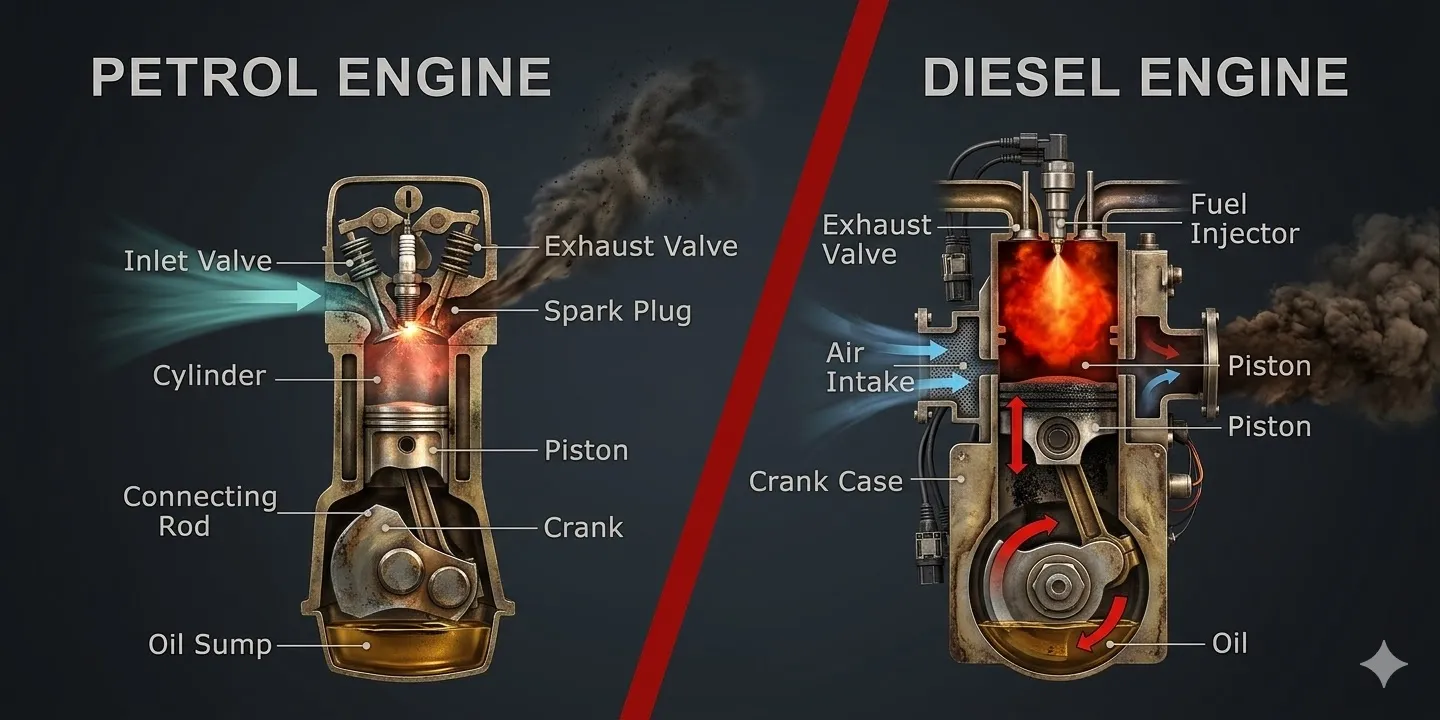 Petrol vs diesel engine comparison guide showing the differences between petrol and diesel cars for UK drivers