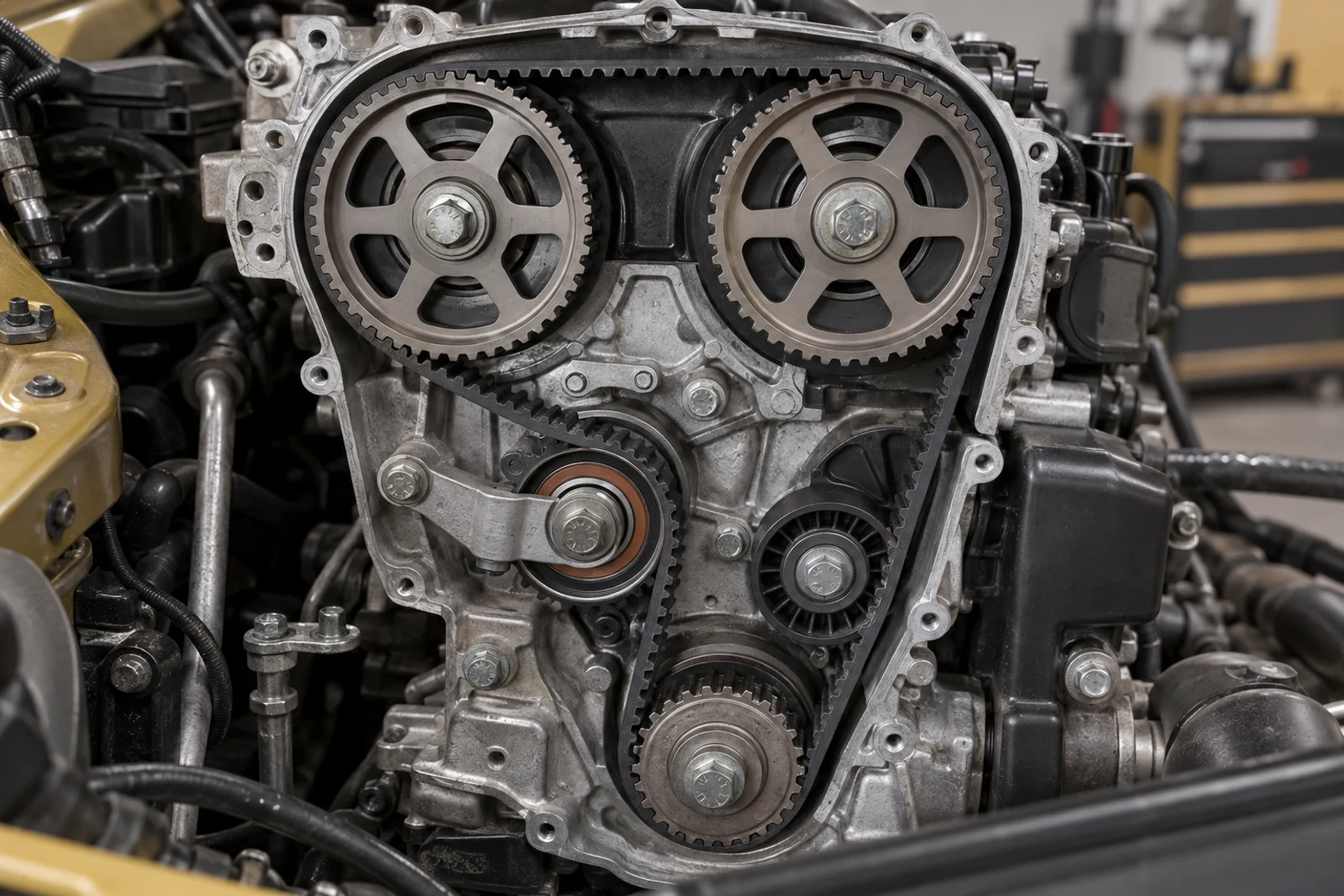 Conventional dry timing belt running around camshaft and crankshaft pulleys with tensioners.