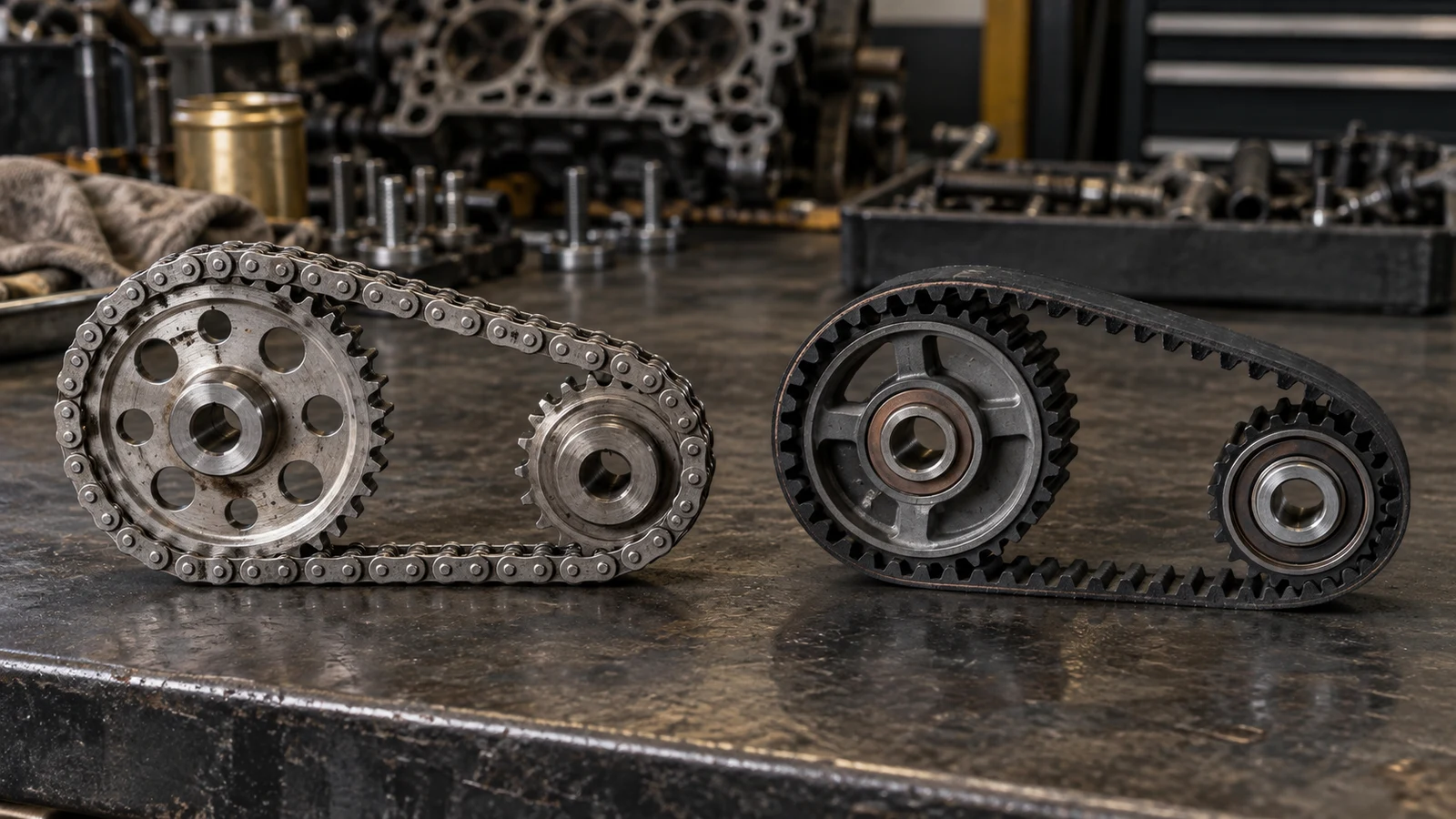 Timing chain and toothed timing belt displayed side by side on a dark workshop bench.
