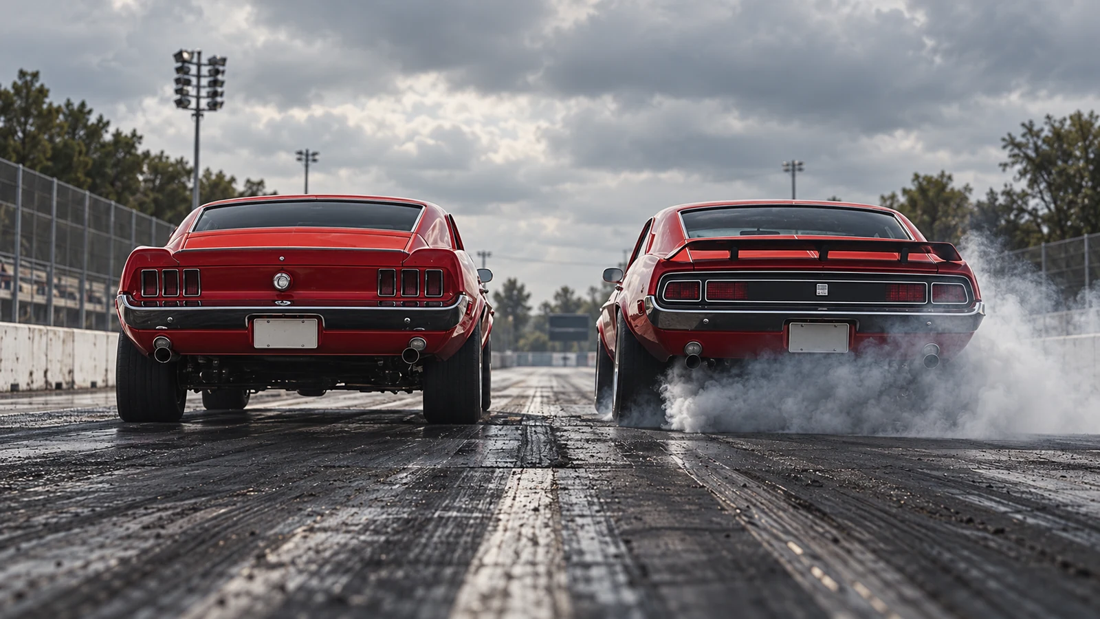 Two red classic muscle cars side by side on a drag strip, with tyre smoke behind one car